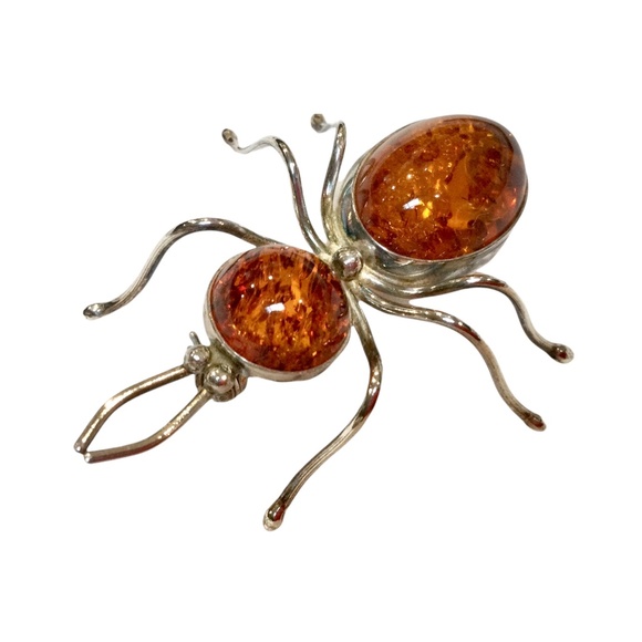 Vintage Sterling Silver Baltic Amber Insect Spider Bug Brooch Pin 1.75” Pristine - Picture 6 of 15